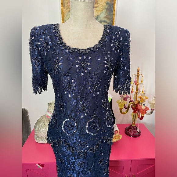 VTG SCALA NAVY BLUE BEADED EVENING GOWN DRIPPY HEM SEQUINED PS PETITE SMALL - Picture 2 of 12